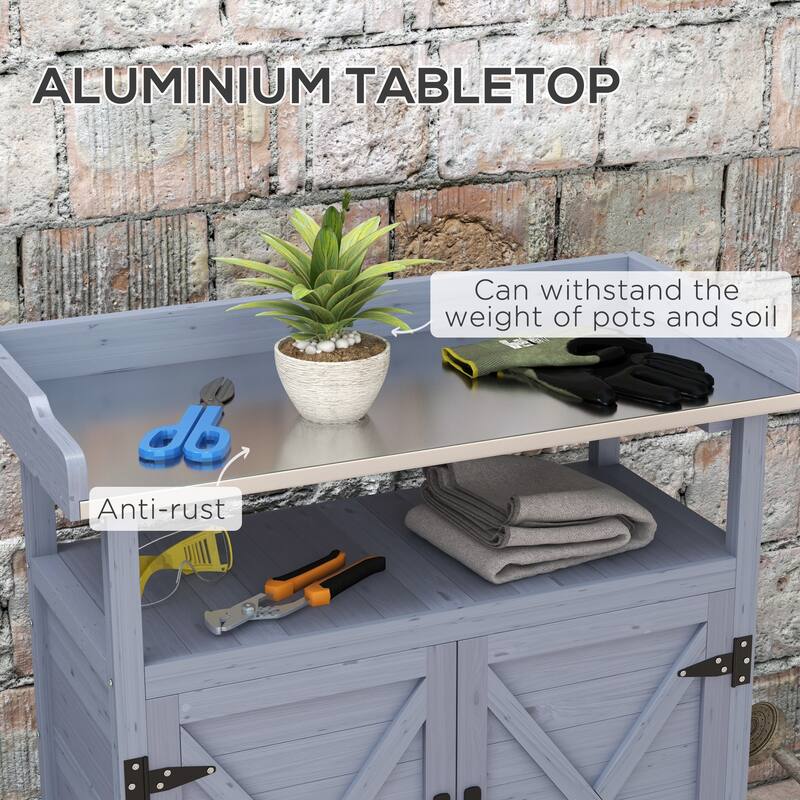 Outdoor Wooden Potting Bench Table, Garden Workstation with Storage Cabinet, Garden Tables with Aluminum Table Top