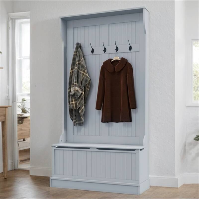 38" 3-In-1 Coat Rack with Storage Bench,Four Hooks and Shoe Storage