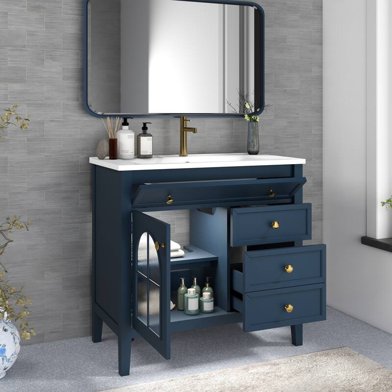35.6" Mid-Century Bathroom Vanity Sink with Patterned Glass & Motion-sensor Light Strip, Freestanding