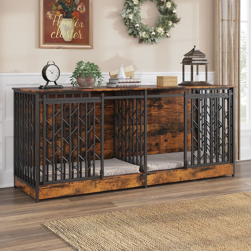 Large Double Dog Crate Furniture for Medium and Large Dogs, Rustic Industrial Dog Kennel End Table