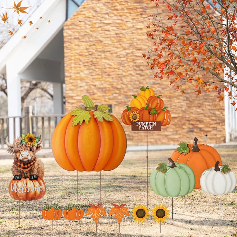 Glitzhome Fall Harvest Metal Yard Stake Hanging Decor for Thanksgiving (2-3 Functions)