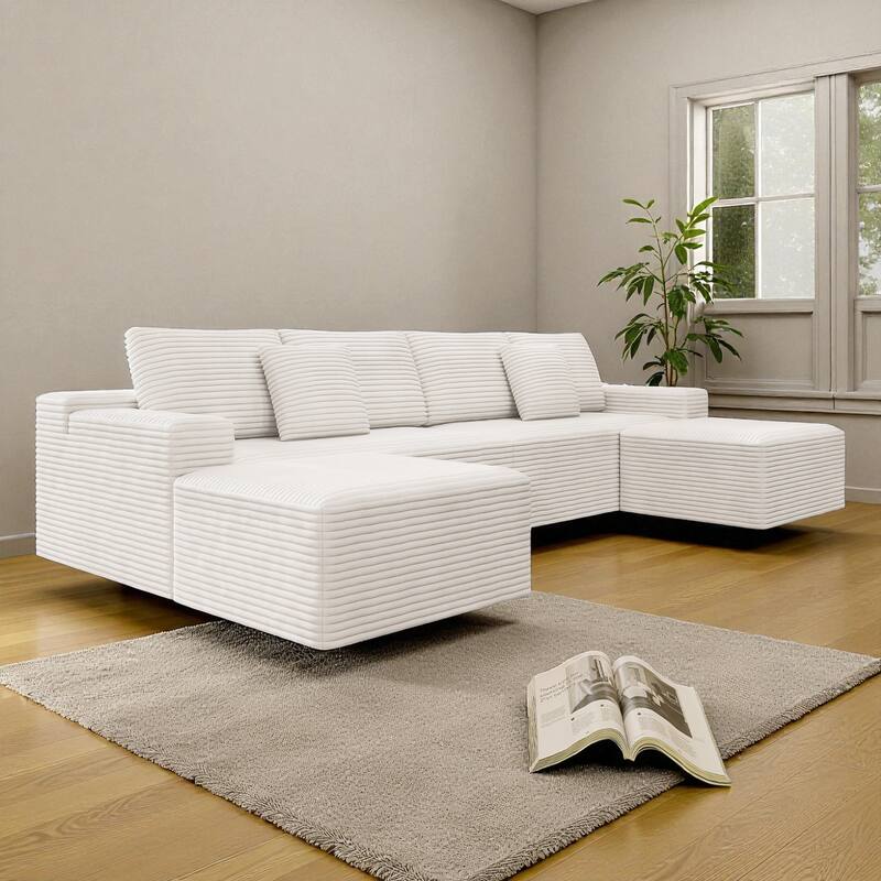 137.8" Modular Sectional Sofa 4-Piece Upholstered Corduroy Couch No Assembly Required, Plush Foam Seating for Living Room