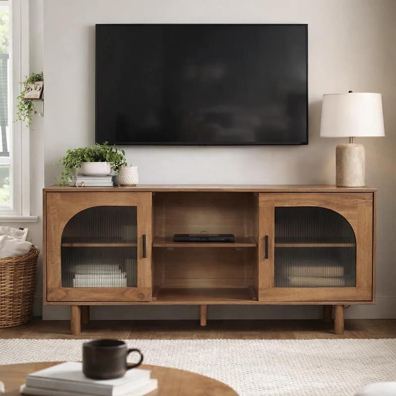64 Inch James TV Stand Console, 2 Arch Glass Door Cabinets & Shelves, Walnut Brown Mango Wood