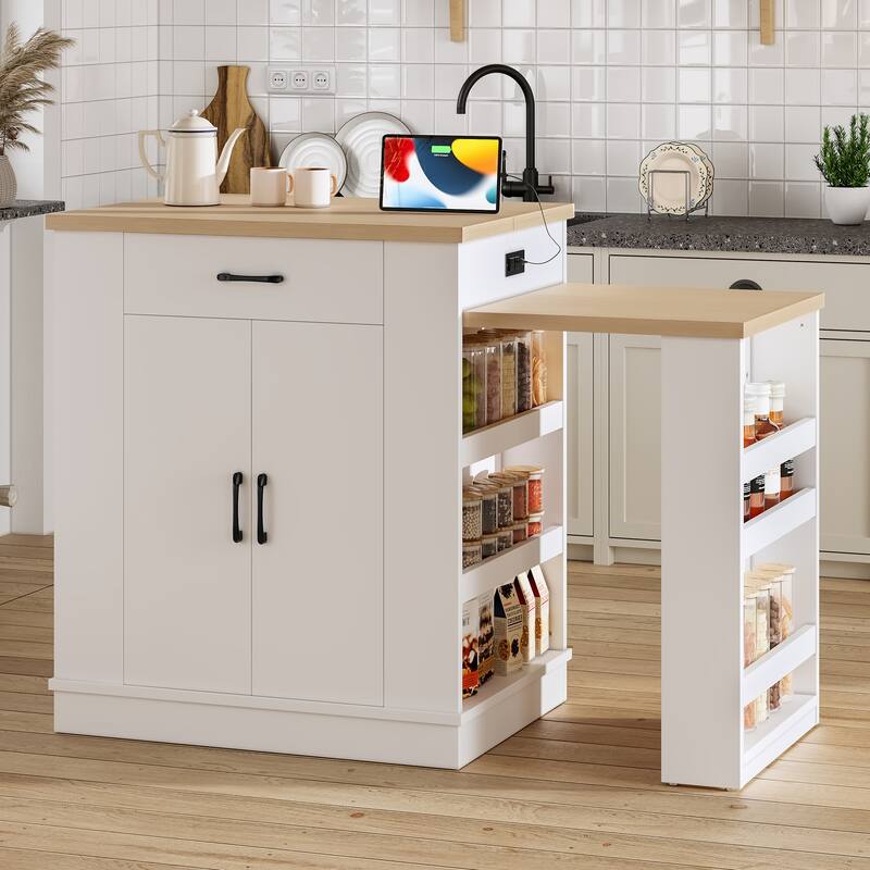 Extendable Kitchen Island with Drawers Cabinets and Open Shelving Multi Functional Dining Table