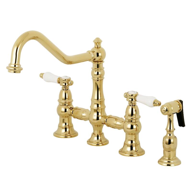 Kingston Brass Bel-Air Two-Handle 4-Hole Deck Mount Bridge Kitchen Faucet with Brass Side Sprayer - Polished Brass