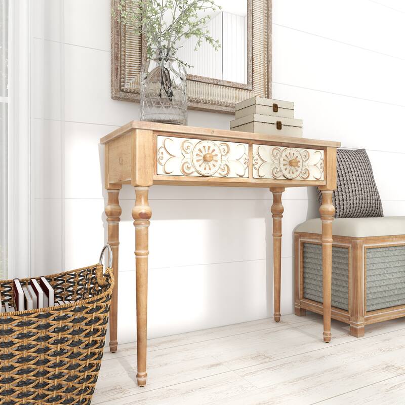 Brown Wood Intricately Carved 2 Drawers Floral Console Table