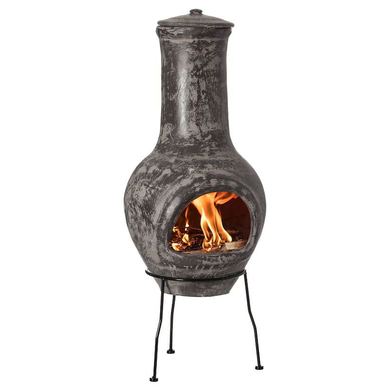 Gray Outdoor Clay Chiminea Outdoor Fireplace Stoney Scribbled Design Charcoal Burning Fire Pit with Sturdy Metal Stand, Barbecue - Grey