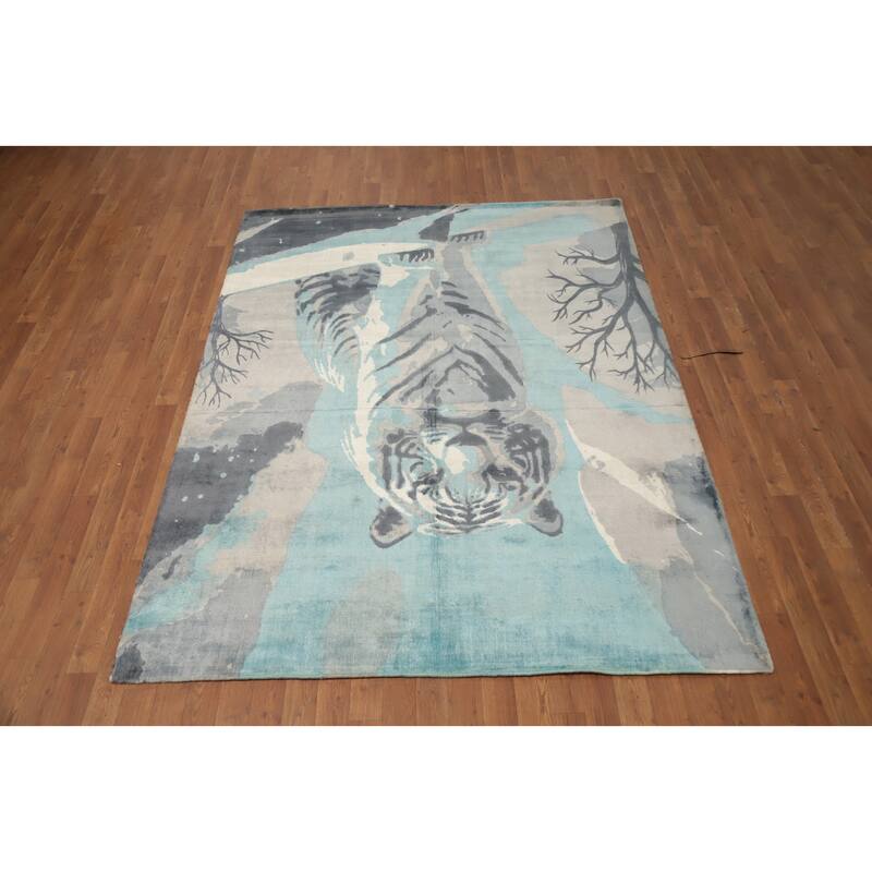Hand Knotted Oriental Viscose Silk Carpet Modern Animal Pictorial Navy Blue & Blues Abstract Area Rug - 7' 7'' X 5' 8''