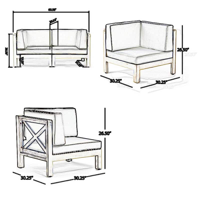 Ony Outdoor Loveseat, Detachable Acacia Wood Chairs, White Cushions