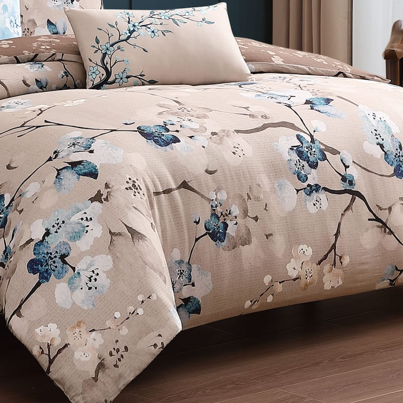 Bebejan Blue Blossom 100% Cotton Sateen 5 Piece Reversible Comforter Set