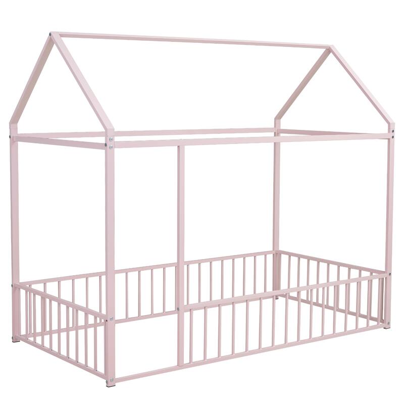 Pink Twin Size Metal House Bed Frame with Fence for Kids & Teens - Play & Sleep Design