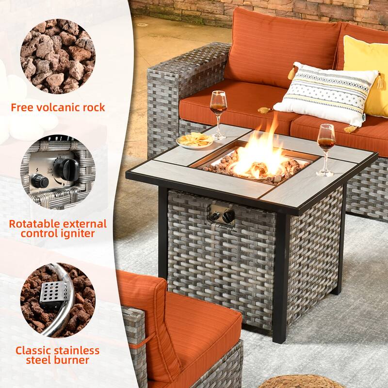 OVIOS Patio Wicker Furniture Wide Arm 7-piece Fire Pit Set with Table