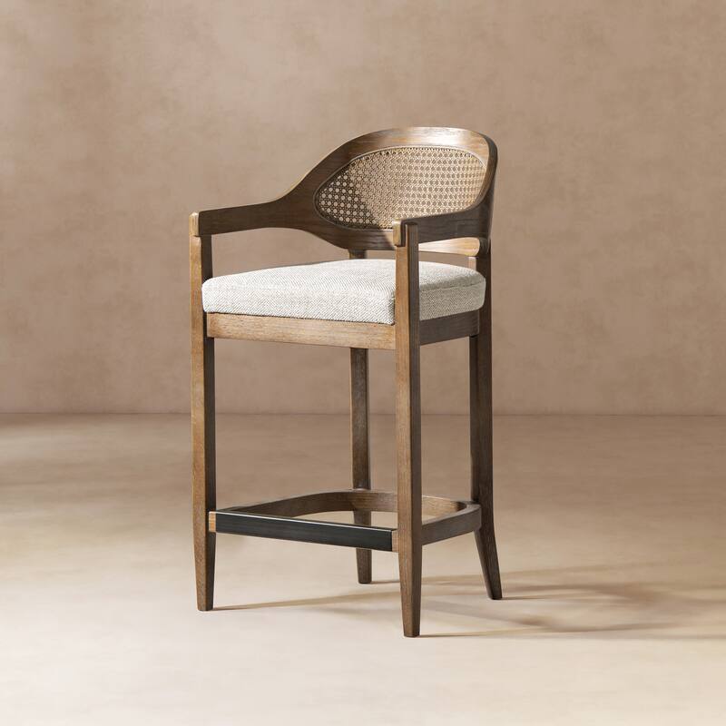 Americana Modern Cane Back Bar Stool - Counter or Bar Height - 26 or 30 Inch - Solid Oak Wood Frame - No Assembly Required - Single - Two-Tone Neutral Gray Polyester Wool Blend - Counter Height
