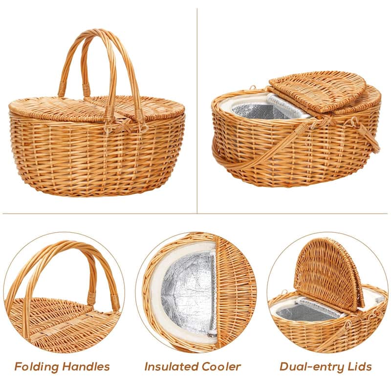 Wicker Picnic Basket with Cooler, Wooden Split Lid Picnic Basket, Vintage-Style Wicker Picnic Hamper with Folding Woven Handle