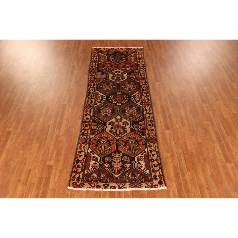Hand Knotted Oriental 100% Wool Carpet Traditional Geometric Oranges & Rust Bakhtiari Runner Rug - 9' 6'' X 3' 4''