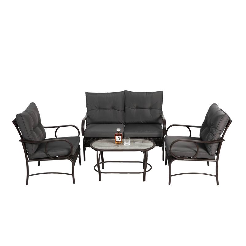 Classic Patio Sofa Wicker Conversation Set Rattan Sofa Chair wTable