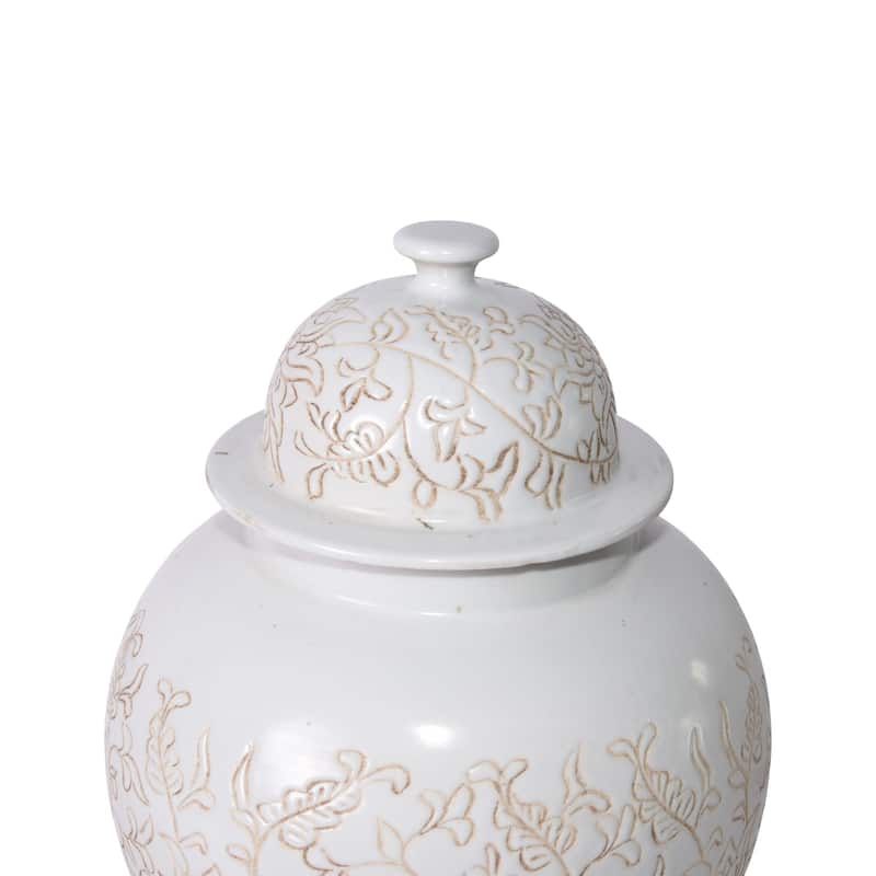 Matte White Carved Floral Temple Jar - 12x12x20