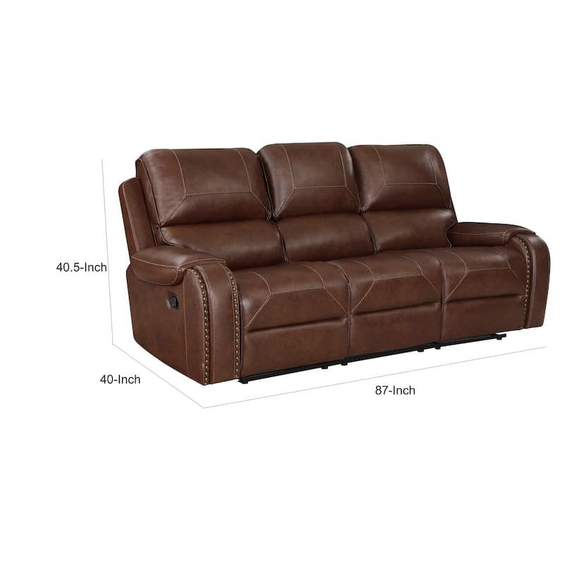 Dean 87 Inch Dual Manual Recliner Sofa, Cupholders, Brown Faux Leather
