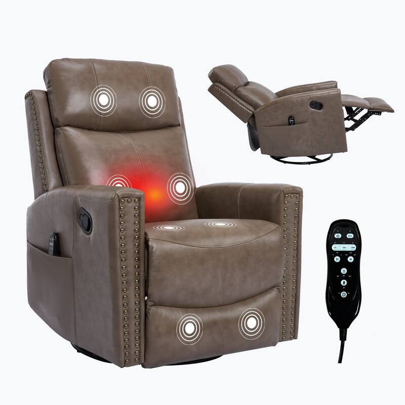 Roomfitters Genuine Leather Swivel Rocker Recliner, Manual Massage Glider with Heat and Top Grain Cowhide, Living Room