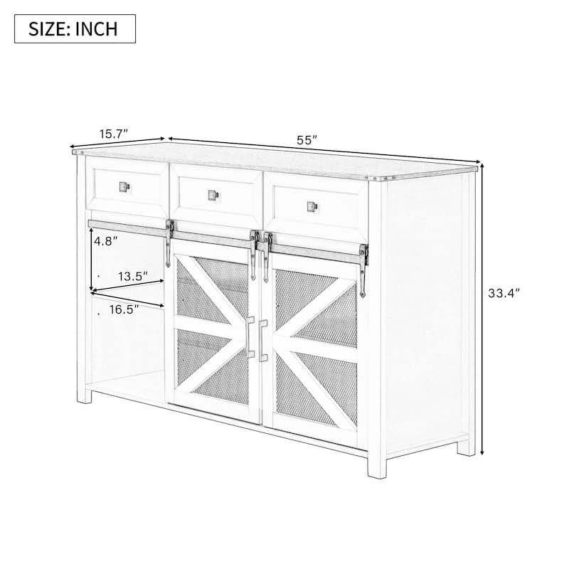 55" Sliding Barn Door Sideboard Cabinet with 3 Drawers and Adjustable Shelves