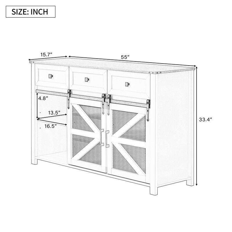 Sliding Barn Door Sideboard with 3 Drawers and Adjustable Shelves, Buffet Cabinet with Metal Mesh and Aluminum Handles