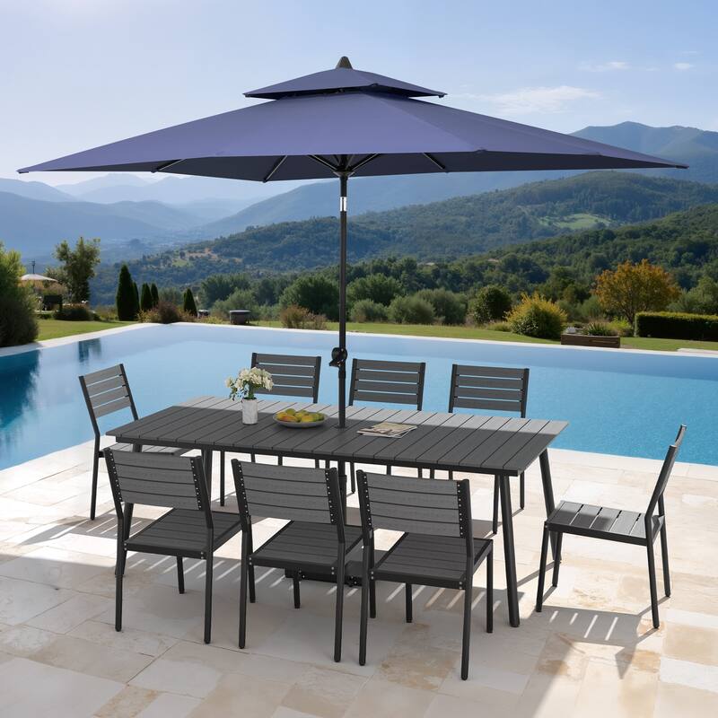 11PC Outdoor Patio Dining Set Aluminum Table with Stackable Chairs w/ Premium Market Umbrella Sets - GreyTable&GreyChairs&NavyBlueUmbrella