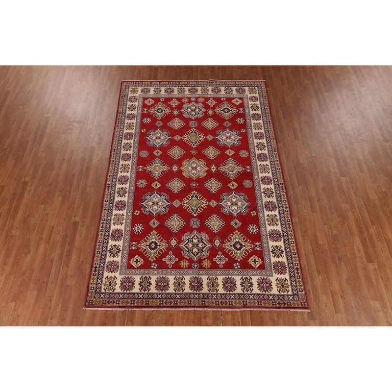 Geometric Kazak Area Rug Hand-Knotted Oriental Red Wool Carpet - 6'6" x 9'11"