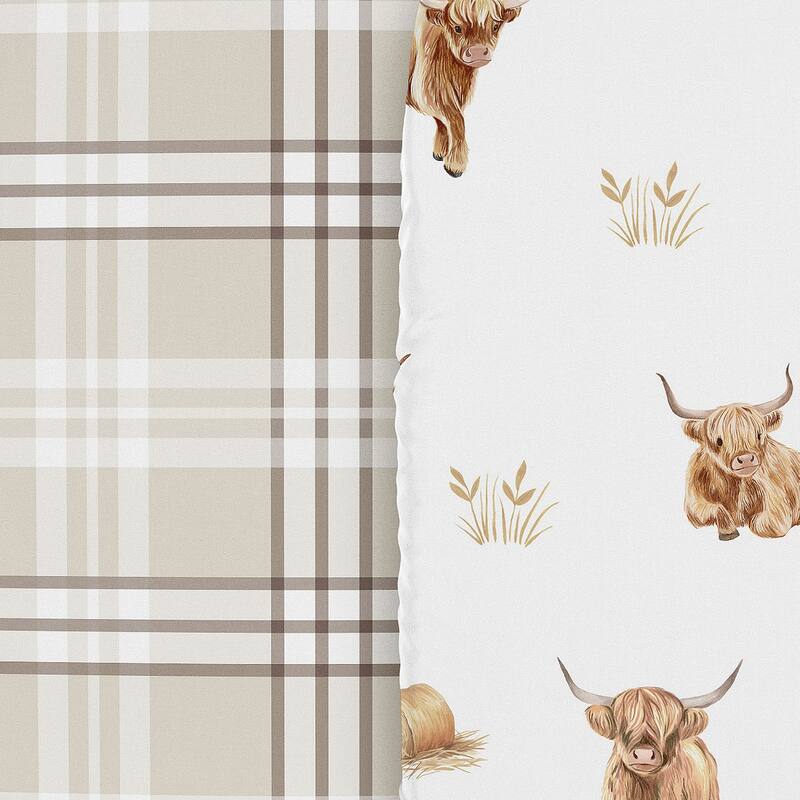 Sweet Jojo Designs Boho Highland Cow Boy, Girl, Gender Neutral 2 Pack Baby Bassinet Fitted Sheets - Taupe Plaid and Farm Animal