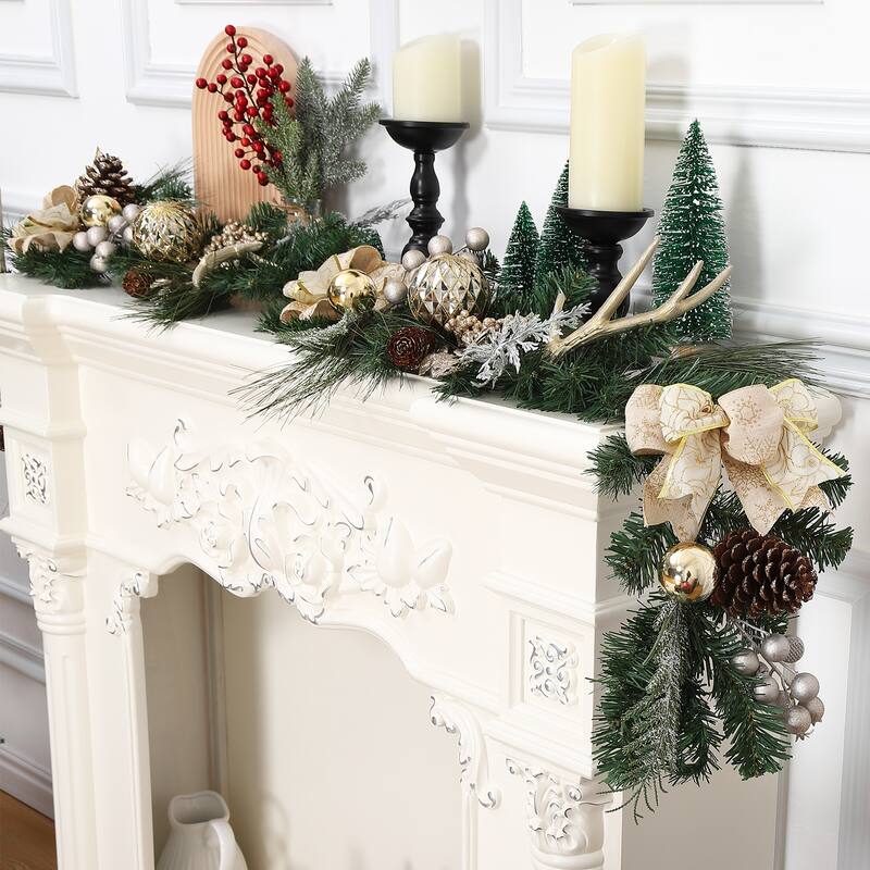 6Ft Christmas Garland with Lights Gold Ball Ornaments Pine Cones Antlers for Indooor