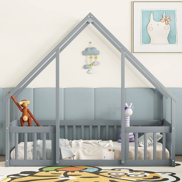 slide 2 of 52, Pine Wood House-Shaped Floor Bed Frame with Fence & Guardrails Grey - Twin