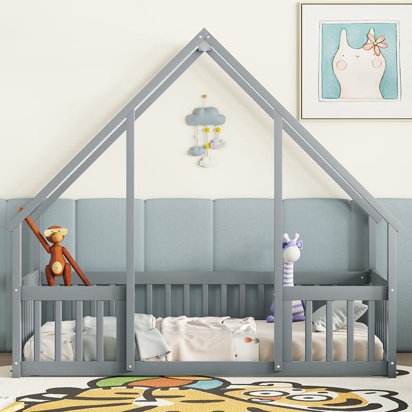 slide 2 of 9, Twin Pine Wood House-Shaped Floor Bed Frame with Fence & Guardrails Grey - Twin