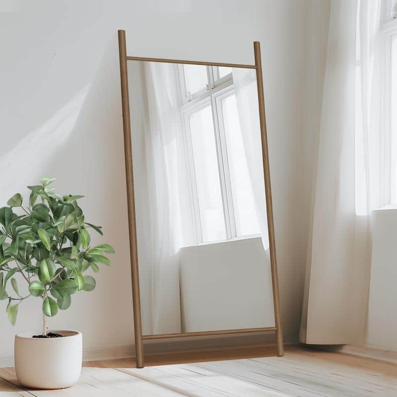 Ladder-Style Arched Solid Wood Framed Full Length Leaning Mirror - 71"x31" - Brown-Rectangular
