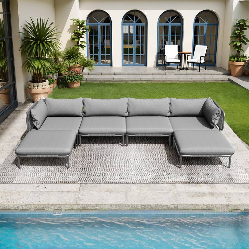 Pellebant Outdoor Sectional Sofa Patio Conversation Seating Set - Set of 6 - Dark Grey - 6PC with 6 Armrest