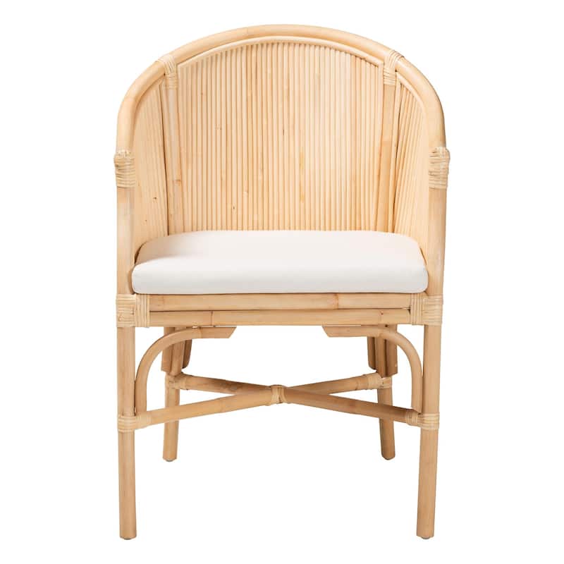 Hollis Natural Rattan Barrel Chair - Handcrafted Accent Armchair with Laminated Rattan Pole Back, Coastal Boho Seating