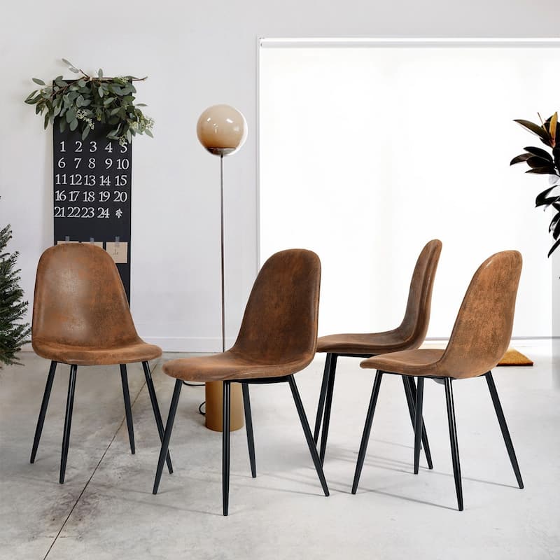 Dining Chair Set of 4 Suede Fabric Side Seating with Black Metal Legs - Rustic Brown