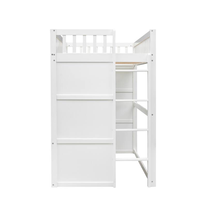 Modern House Bed Twin Size Loft Bed Solid Pine Wood Bed Frame with Door, Windows, Ladder and Safety Guardrails