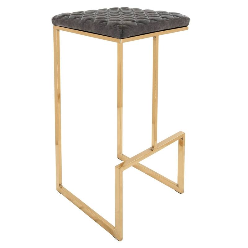 Quincy Modern Leather Barstool with Upholstered Square Seats in Gold Metal & Footrest for Home Bar & Kitchen Counter - Grey