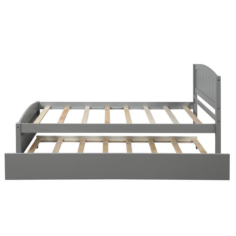 Minimalistic Twin Size Platform Bed with Trundle in Gray, Solid Pine Construction
