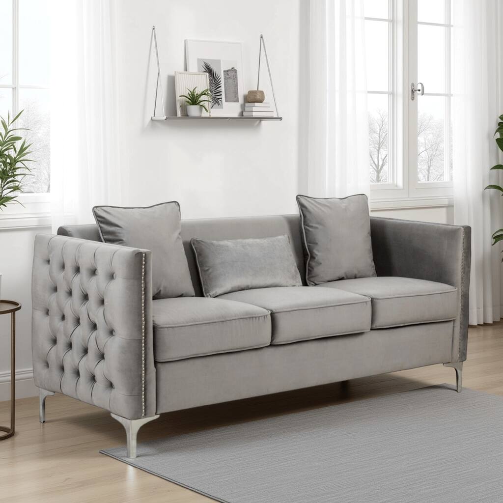 Joel 73 Inch Modern Sofa with 3 Pillows, Tufted Gray Velvet, Silver Legs