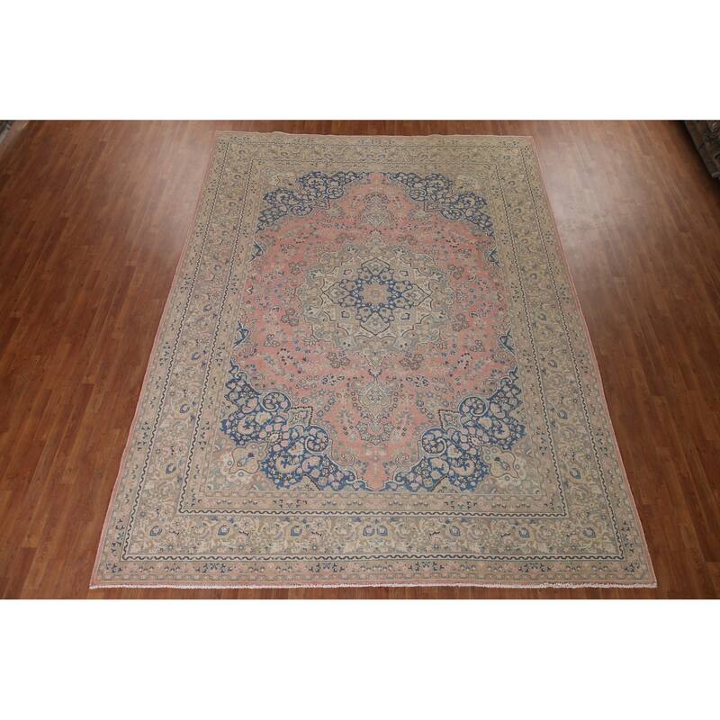 Traditional Mashad Persian Vintage Area Rug Handmade Wool Carpet - 9'5" x 12'5"