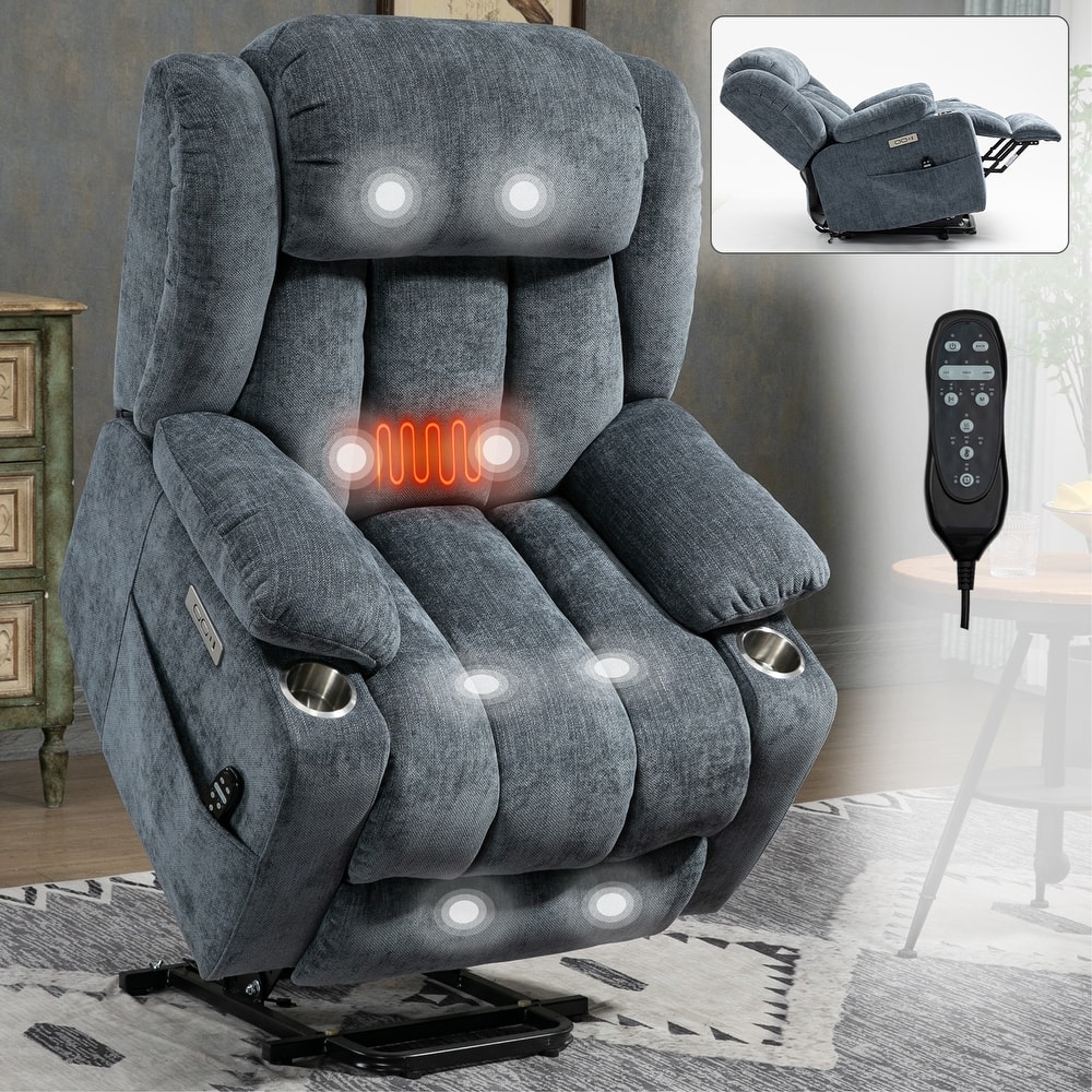 Grey Power Lift Recliner Chair with Massage, Lumbar Heat, USB & Type-C Ports, and Stainless Steel Cup Holders