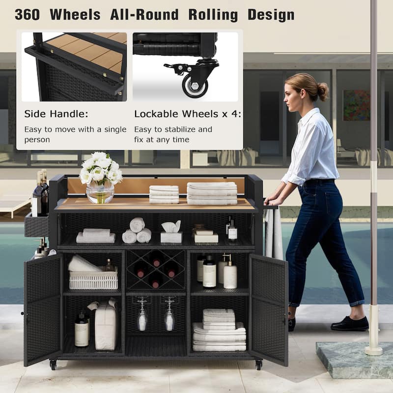 52.8"W Wicker Outdoor Grill cart with Extended Plastic Wood Table Top, Rolling Kitchen Island on Wheels with Storage Cabinet