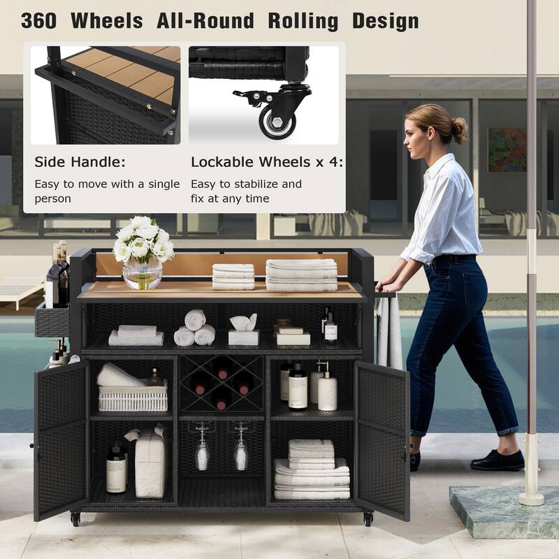 Grill Cart Rolling Kitchen Island Cart Wicker Storage Cabinet Prep Table