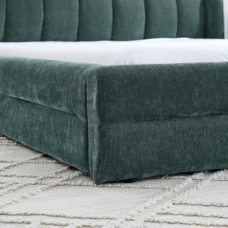 Queen-Sized Chenille Upholstered Bed with Headboard and Solid Frame.