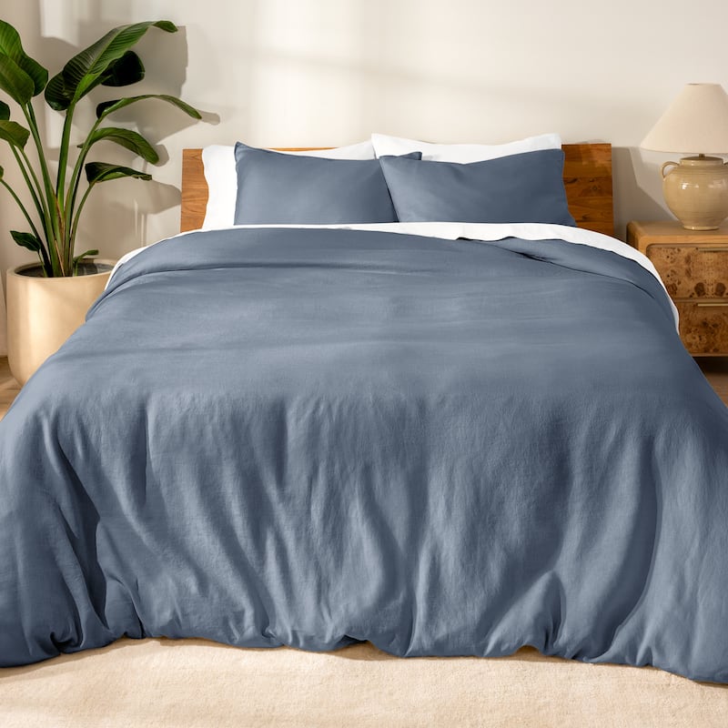 Bare Home Linen Duvet Cover and Sham Set - Indigo - Queen