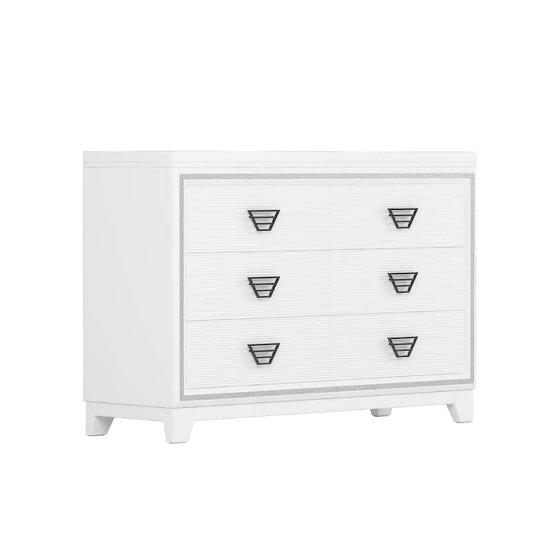 Modern Elegant Dressing with 6 Drawers Metal Handles Shiny Decoration, for Bedroom Living Room, White