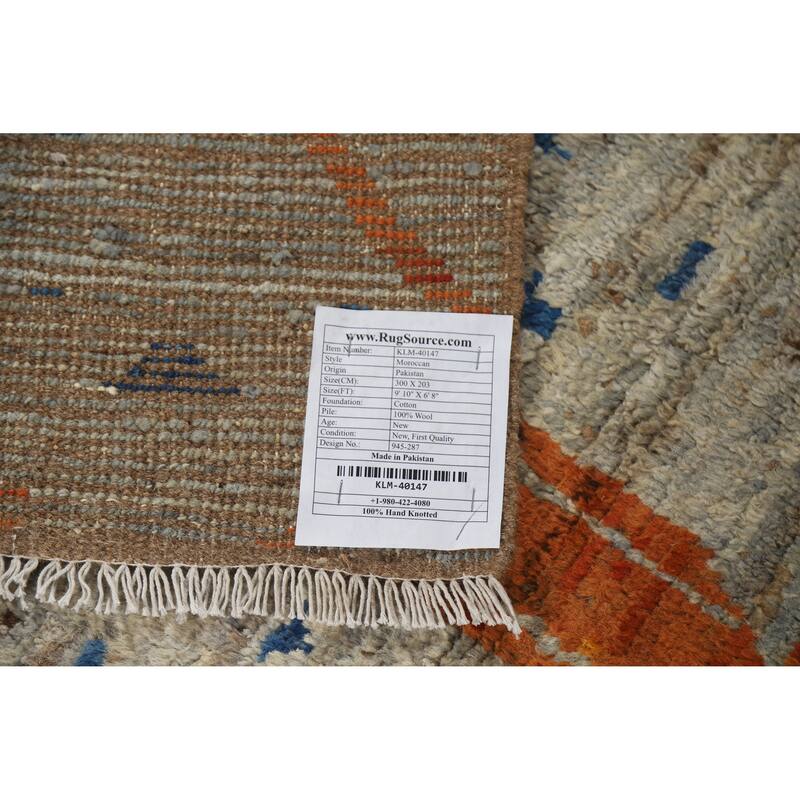 Moroccan Oriental Area Rug Hand-Knotted Grey Wool Carpet - 6'8" x 9'10"