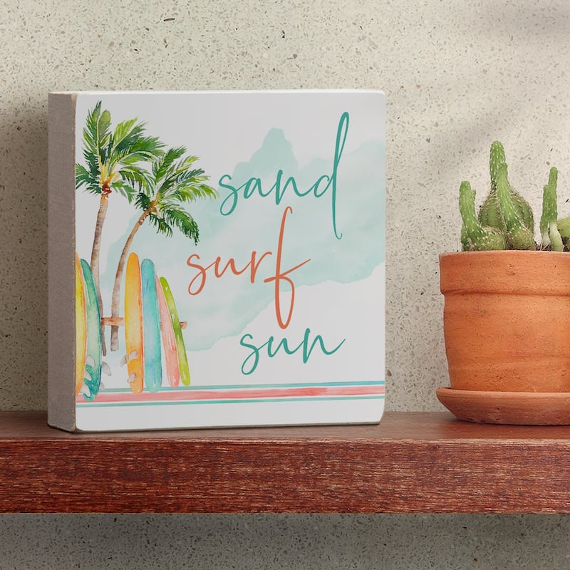Wood Block Décor Message Sand Surf Sun Sign, 3.75 inches Square, Made in The USA - Multi-5