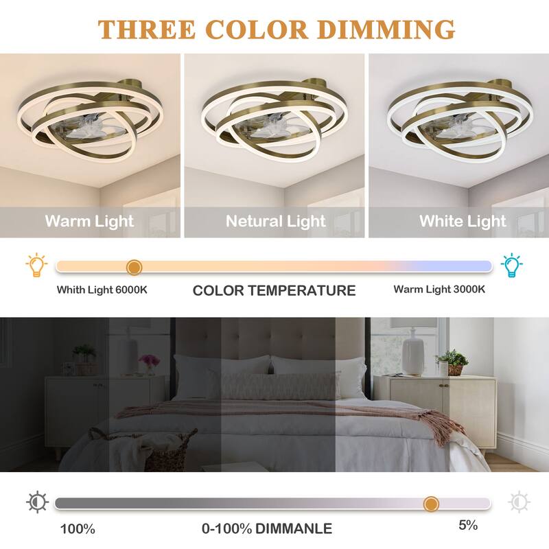 24" Adjustable Light Kit Flush Mount Ceiling Fan, 3 Color Tone CCT dimmable 6 Fan Speed, Remote & App Control for Bedroom