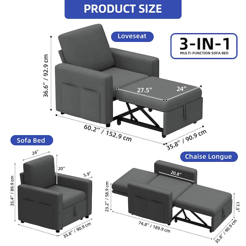 3-in-1 Convertible Sofa Chair Bed with Pull-Out Sleeper and Reclining Lounge for Living Room or Small Space Comfort